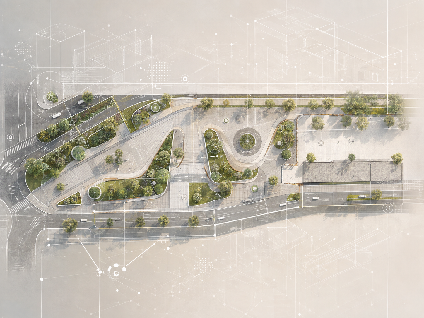 Vista aérea de un espacio público diseñado con metodología BIM